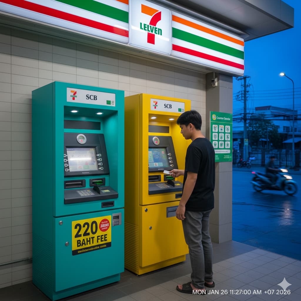A row of colorful ATMs (green and blue) outside a 7-Eleven store in Thailand