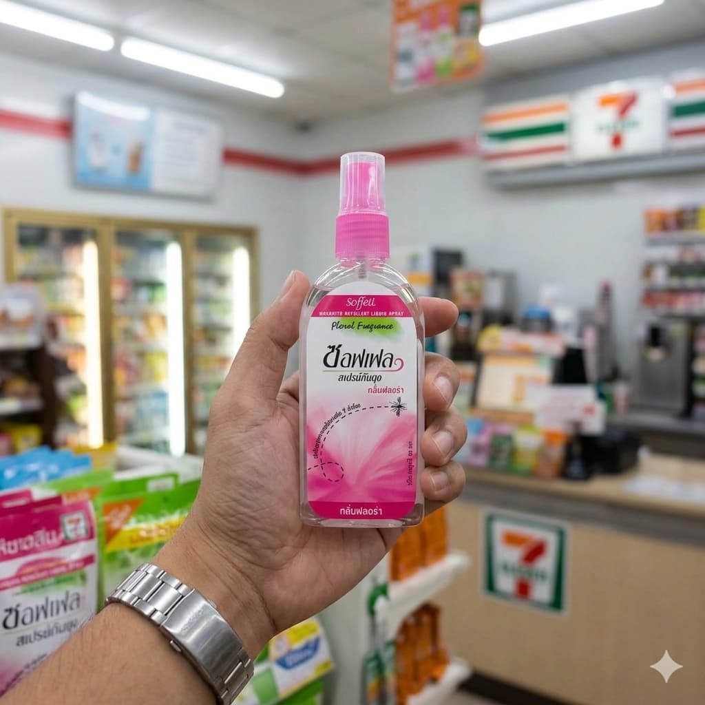 A hand with a Soffel-Mosquito-Repellent on a 7 eleven in Thailand.