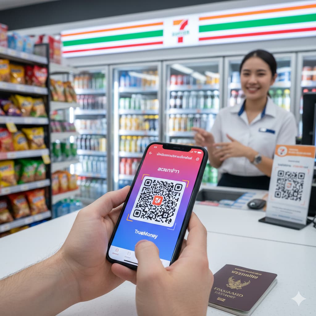 Smartphone screen showing TrueMoney Wallet app ready to scan a QR code at a Thai shop