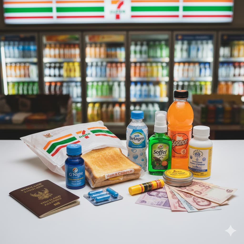 A flat lay photo of a 7-Eleven bag surrounded by Soffel, G'Night, a Toastie, and a Poy-Sian inhaler.