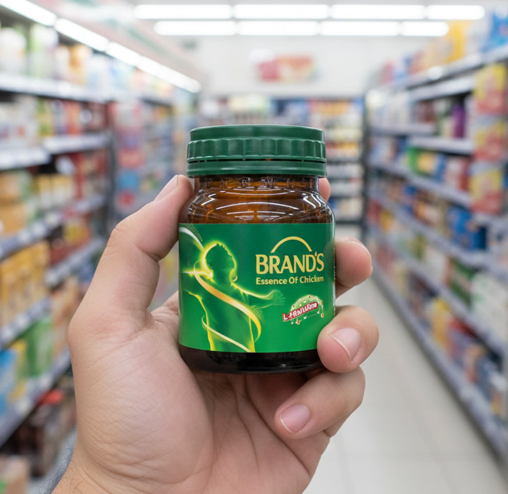 A small green bottle of Brand's Essence of Chicken at a 7-Eleven in Thailand.