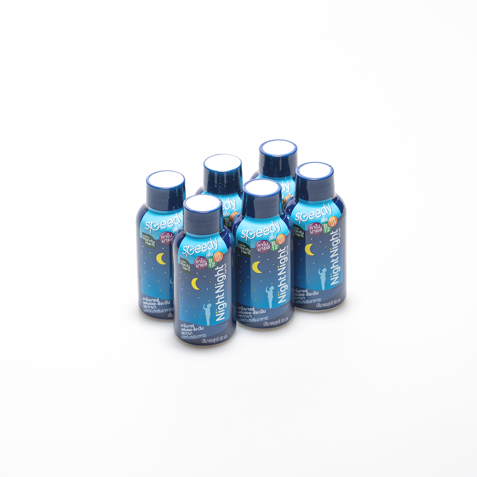 A small blue bottle of G'Night sleep shot and a twin-pack of capsules from 7-Eleven Thailand