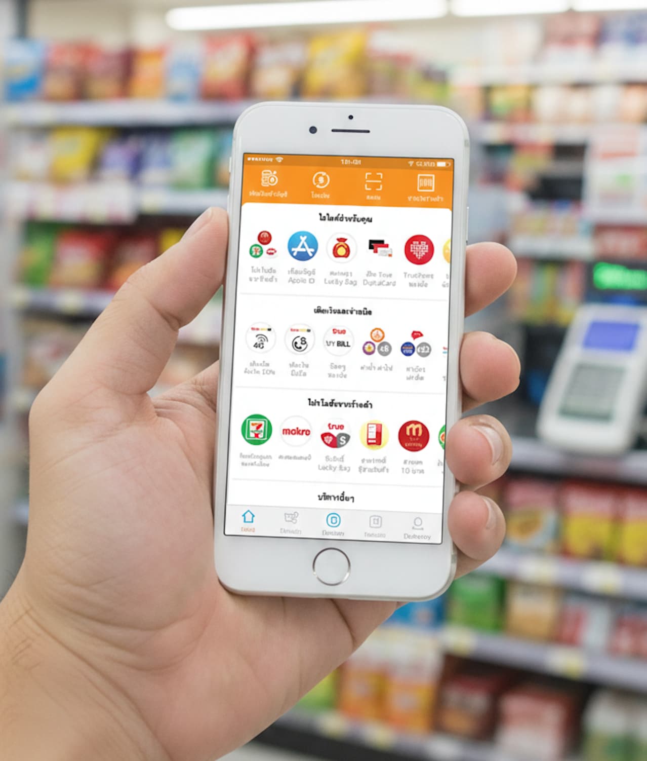 A traveler showing a TrueMoney barcode to a 7-Eleven cashier in Thailand for a top-up.