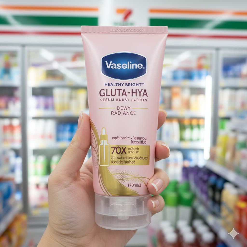 A person holding a gold tube of Vaseline Gluta-Hya Serum Burst Lotion inside a Thai 7-Eleven.