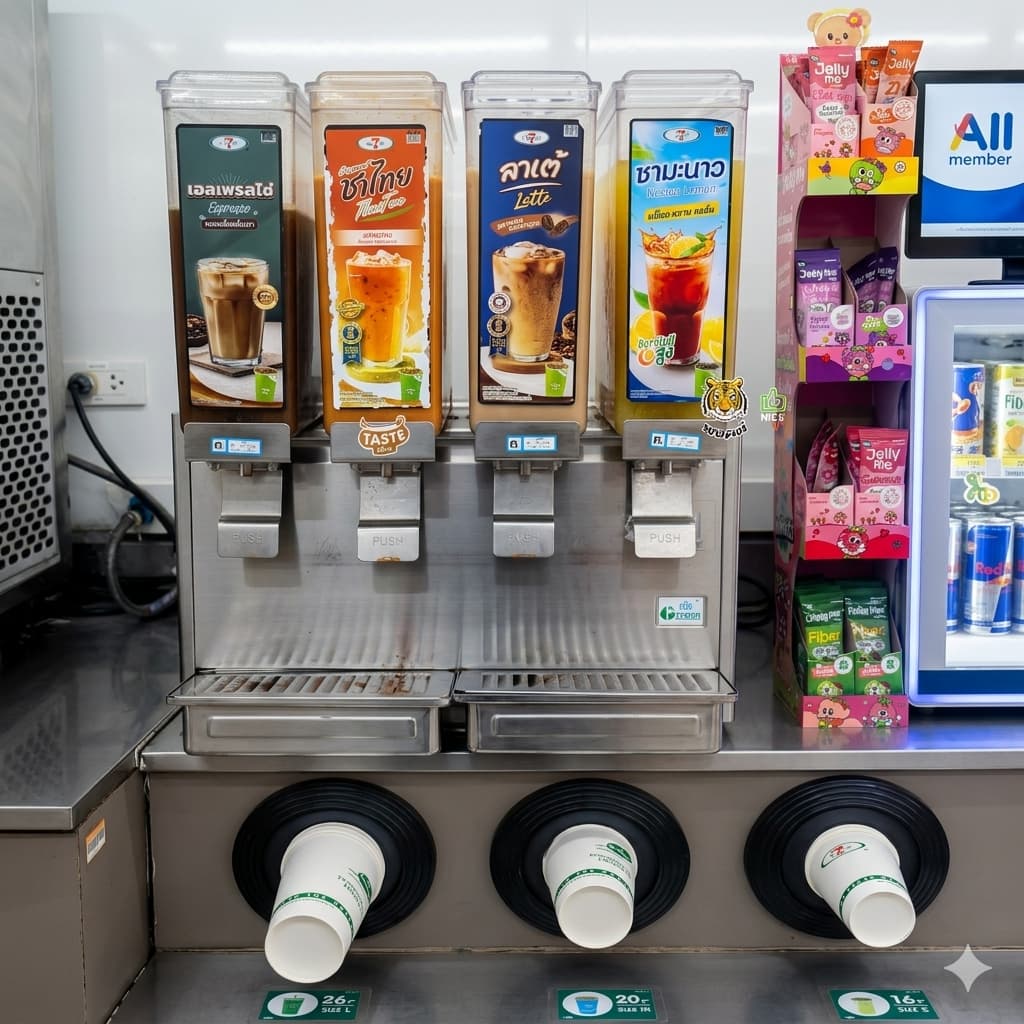 A guide on how to use the self-service drink dispensers at 7-Eleven Thailand stores.