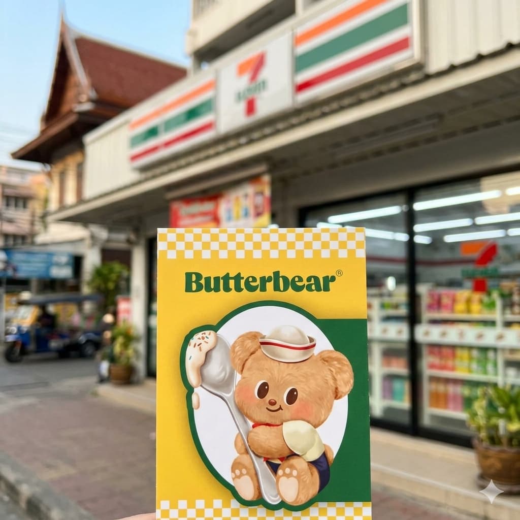 Display of Butter Bear x 7-Eleven Thailand limited edition merchandise including t-shirts and bags.