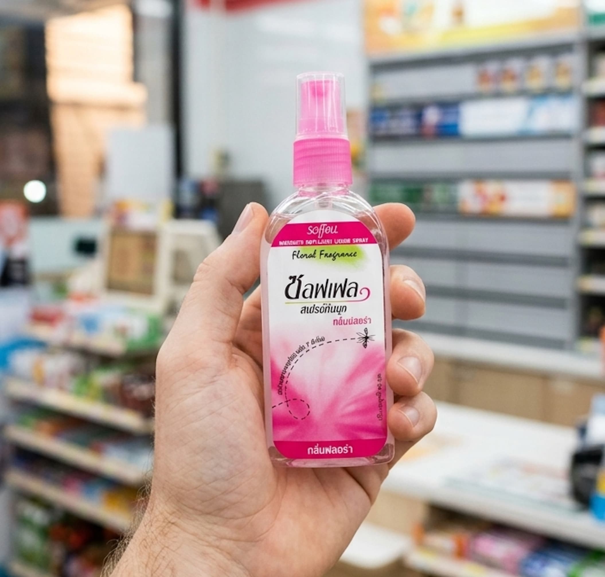 A variety of mosquito repellent sprays like Soffel and Sketolene from 7-Eleven Thailand.