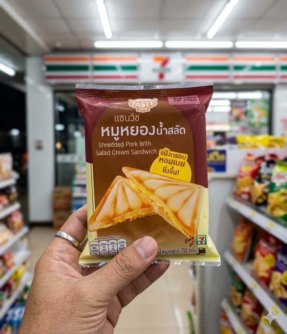 A sealed pocket sandwich with shredded pork and salad cream from Ezygo at 7-Eleven Thailand.