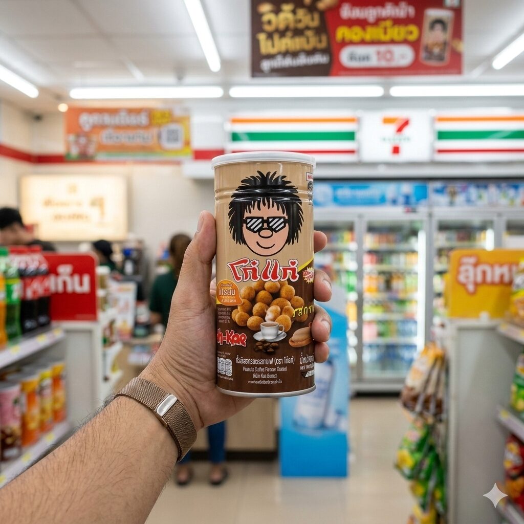A tin of Koh-Kae Coffee Flavor coated peanuts from 7-Eleven Thailand.