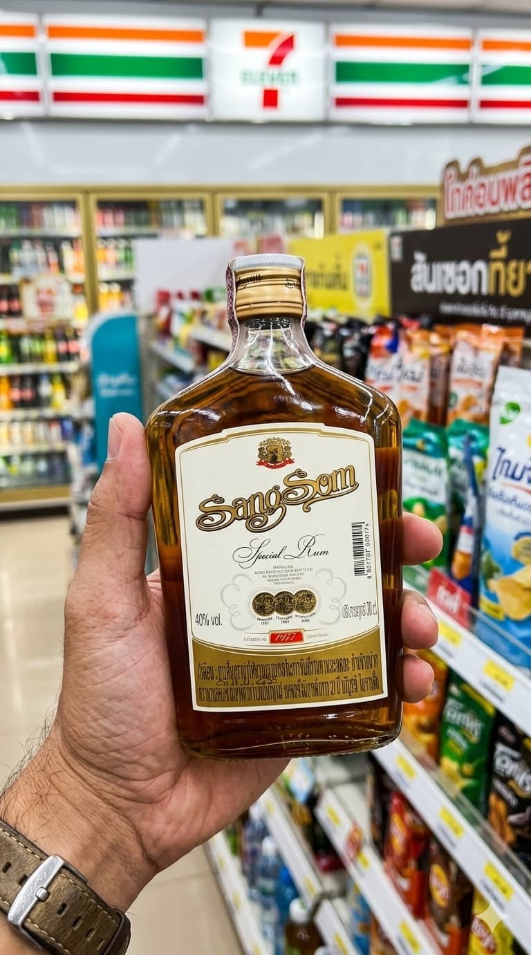A 300ml bottle of SangSom Special Rum from 7-Eleven Thailand.