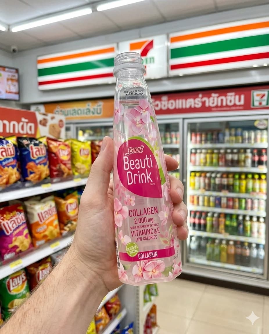 A bottle of Sappe Beauti Drink Collagen 2000mg from 7-Eleven Thailand.