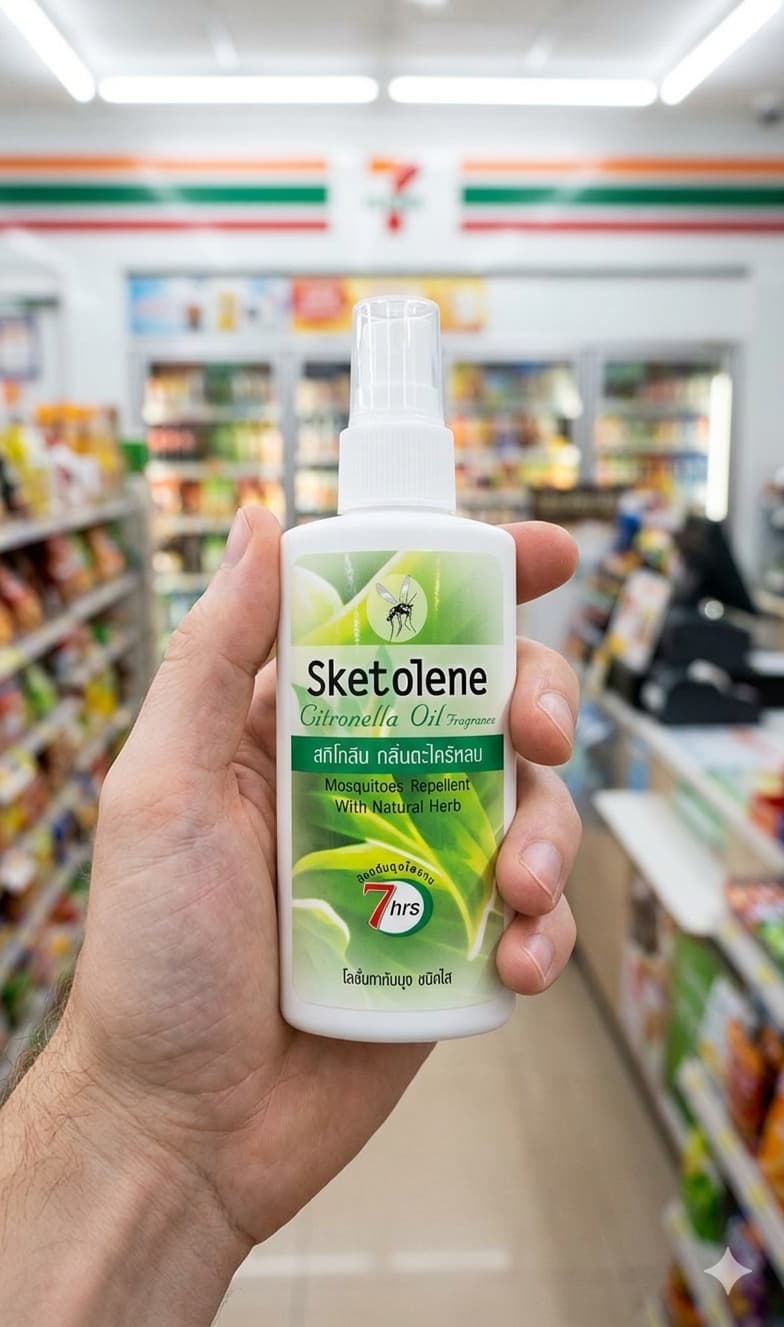 A bottle of Sketolene Shield mosquito repellent with 20% DEET from 7-Eleven Thailand.