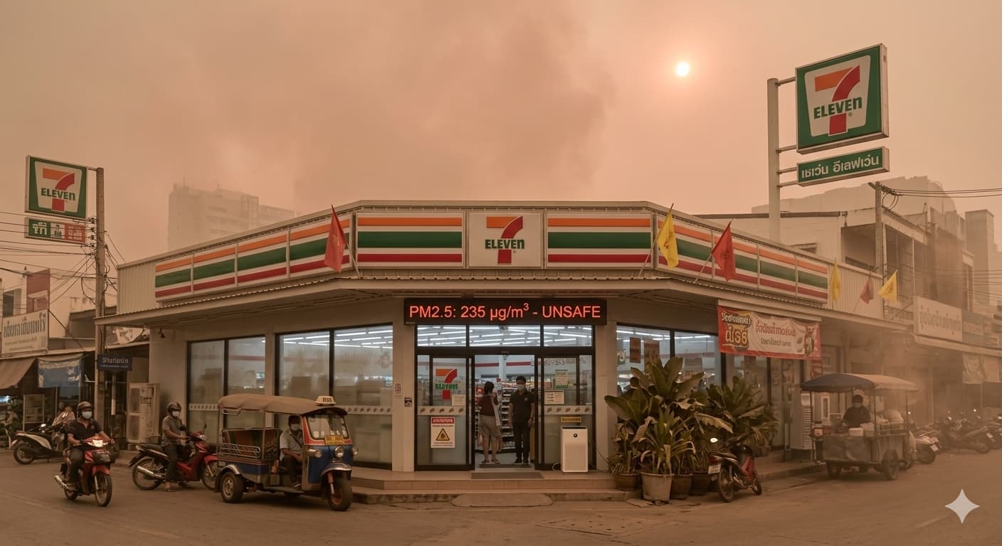 A collection of health products from 7-Eleven Thailand including N95 masks, Poy-Sian inhaler, and eye drops for the burning season.