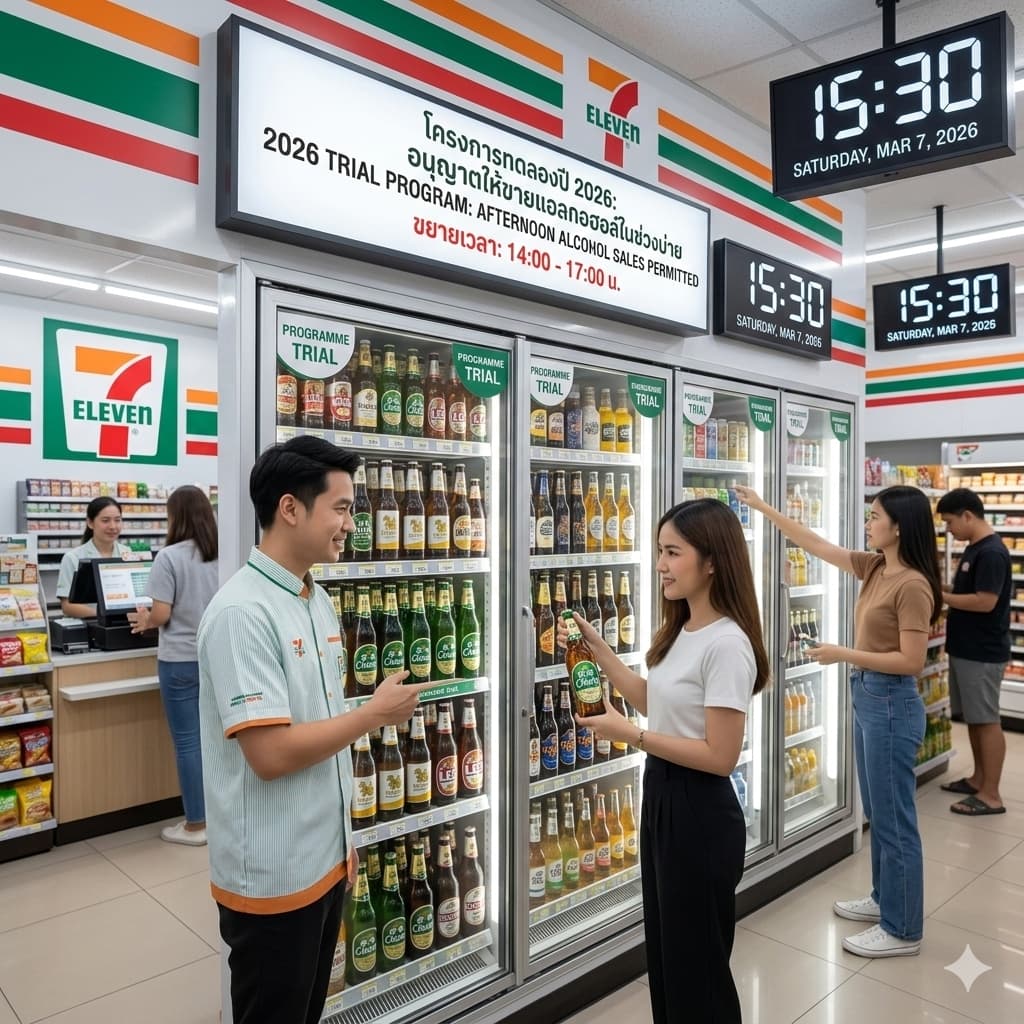 A 7-Eleven Thailand fridge showing alcohol sales are now permitted in the afternoon during the 2026 trial.
