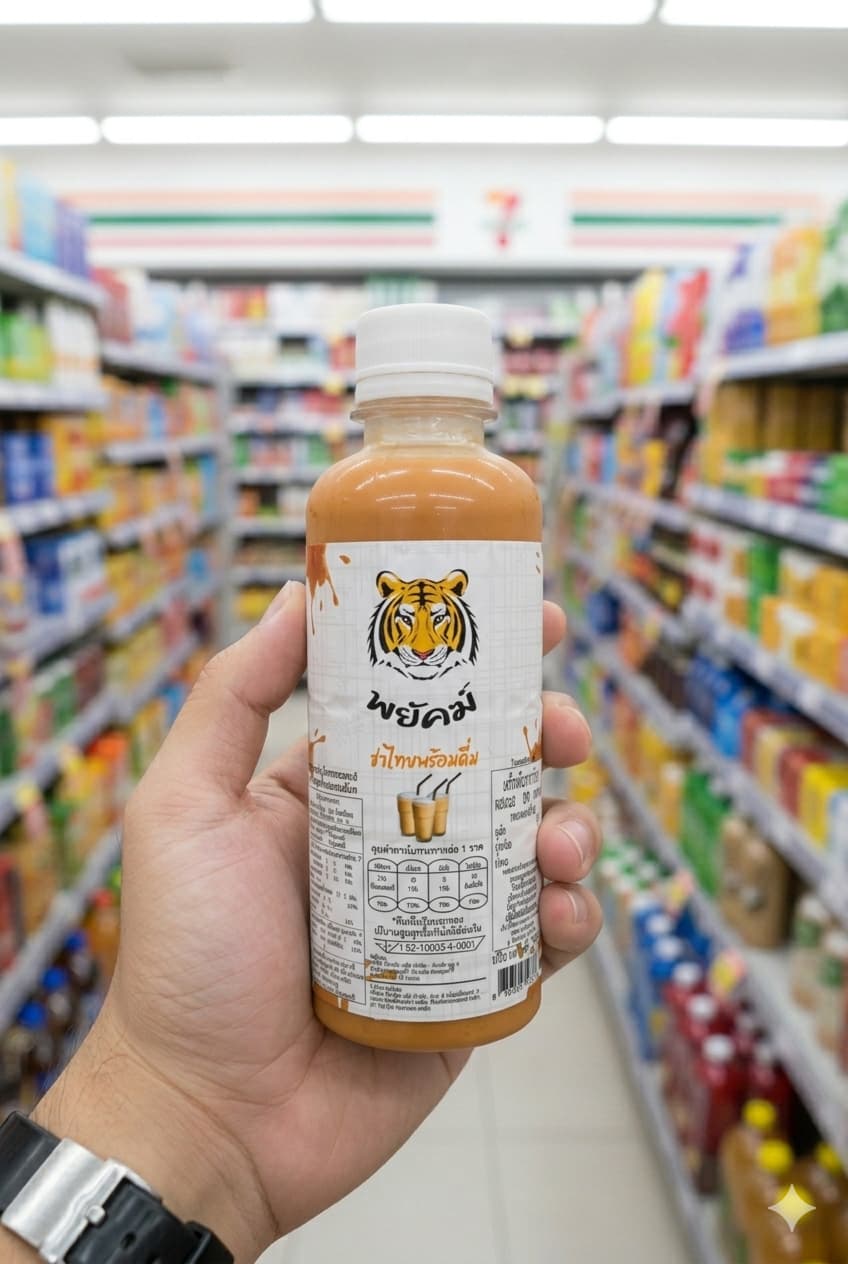 A bottle of Tiger Head Thai Milk Tea from 7-Eleven Thailand.
