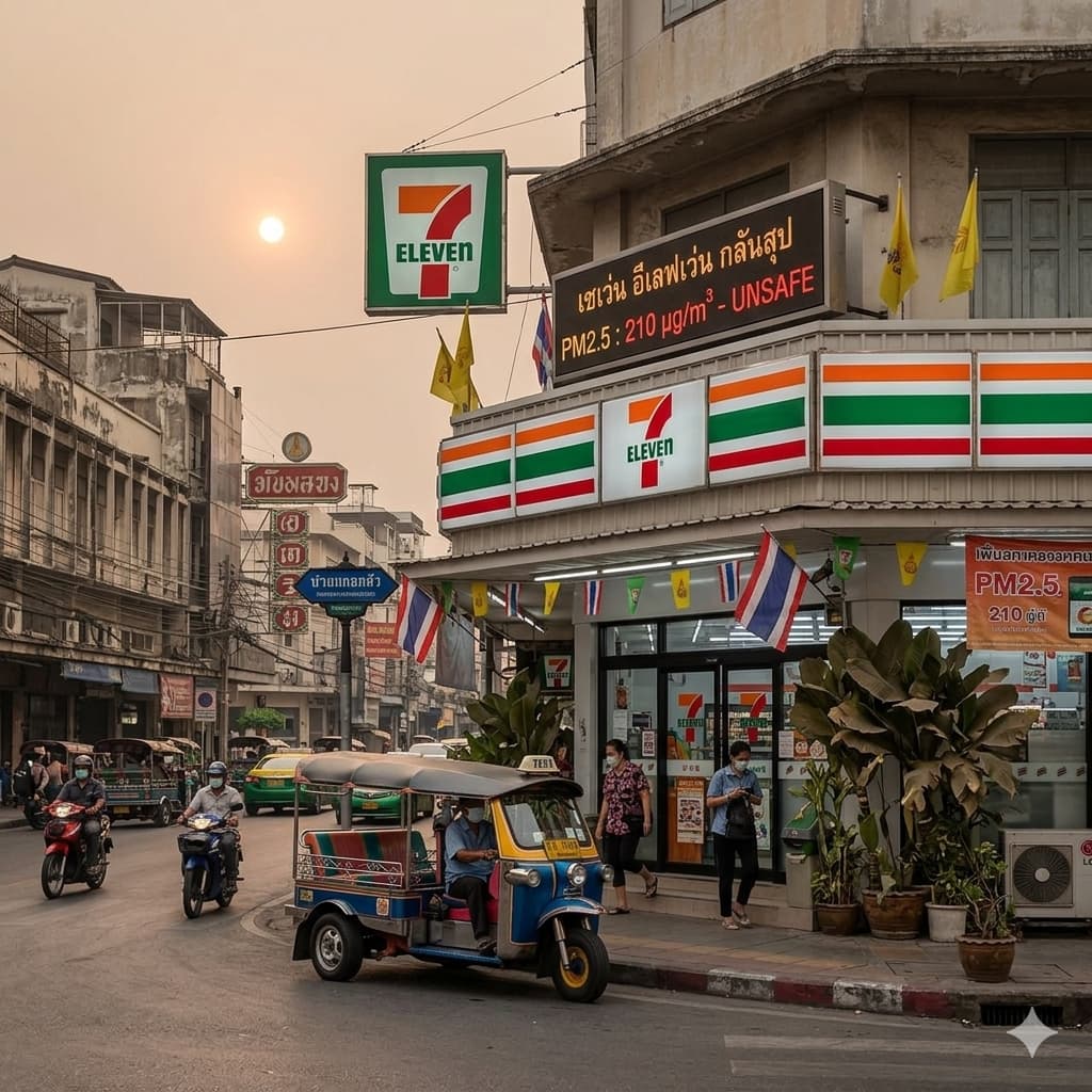 A typical 7-Eleven storefront in Thailand showing the iconic green, orange, and red stripes.