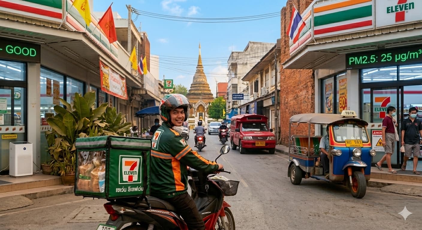 A photo of a 7-Eleven Thailand delivery rider on a motorbike.