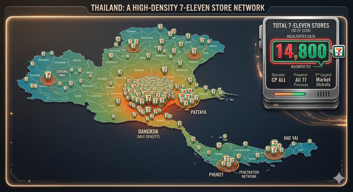 A map of Thailand with 7-Eleven store density markers and the number 14,800 highlighted.
