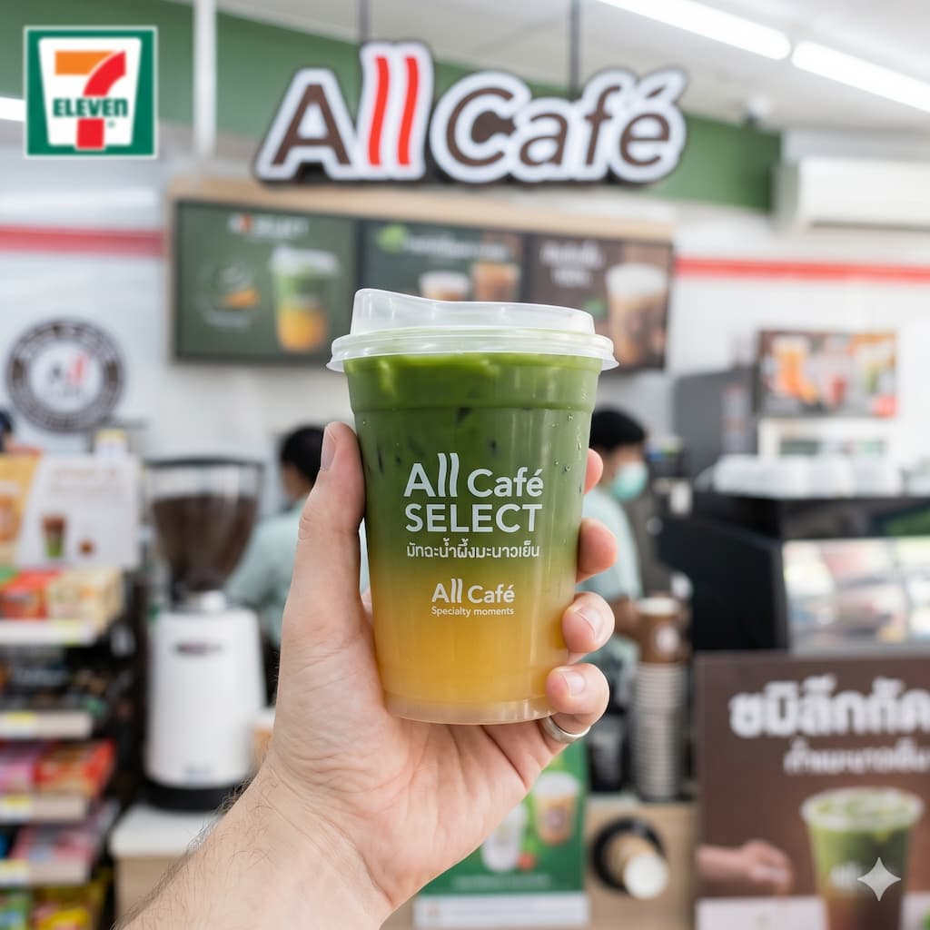 A freshly prepared Matcha Honey Lime drink from the All Café counter in a Thailand 7-Eleven.