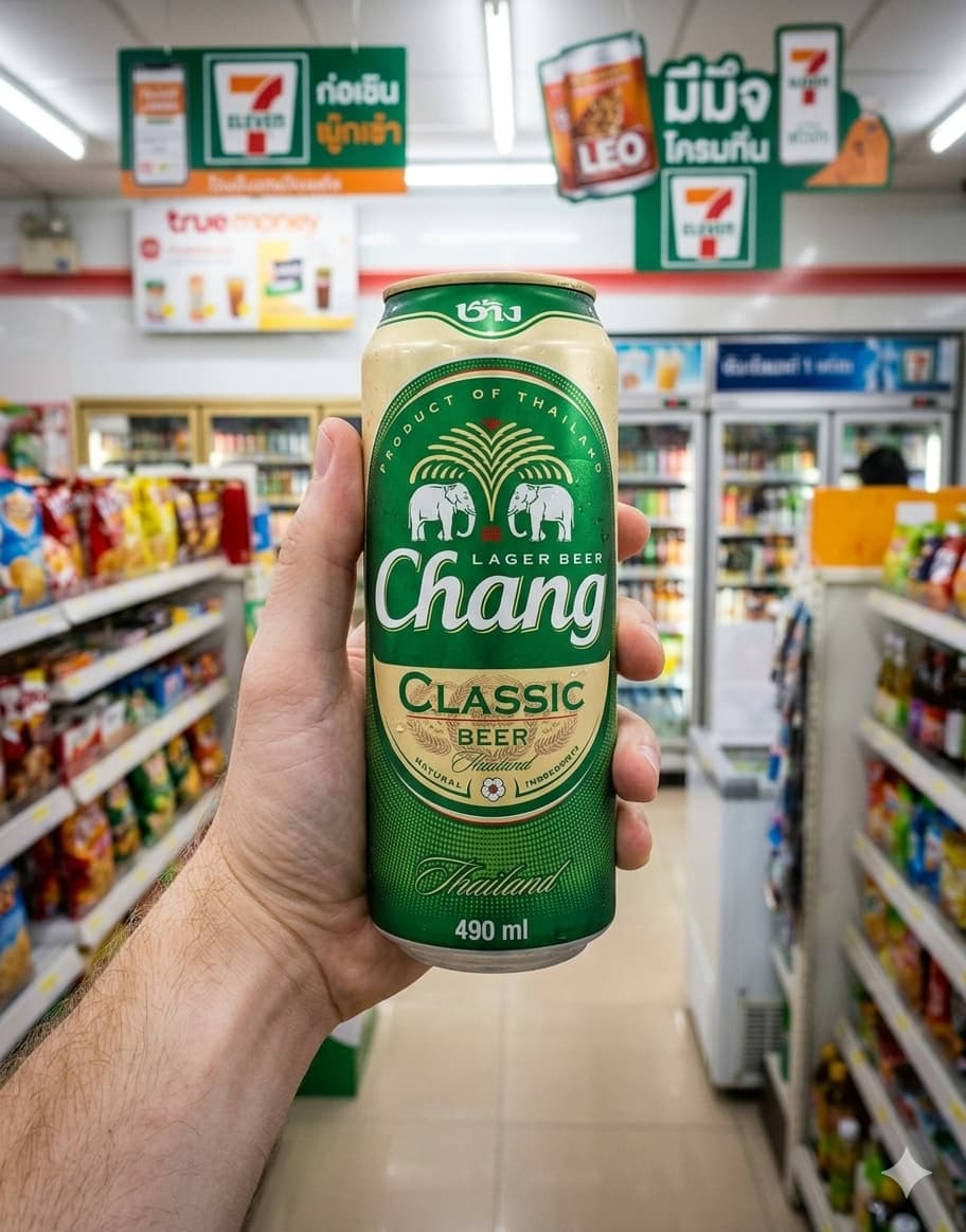 A 490ml green can of Chang Classic Beer from a 7-Eleven in Thailand with a 2.9 rating.