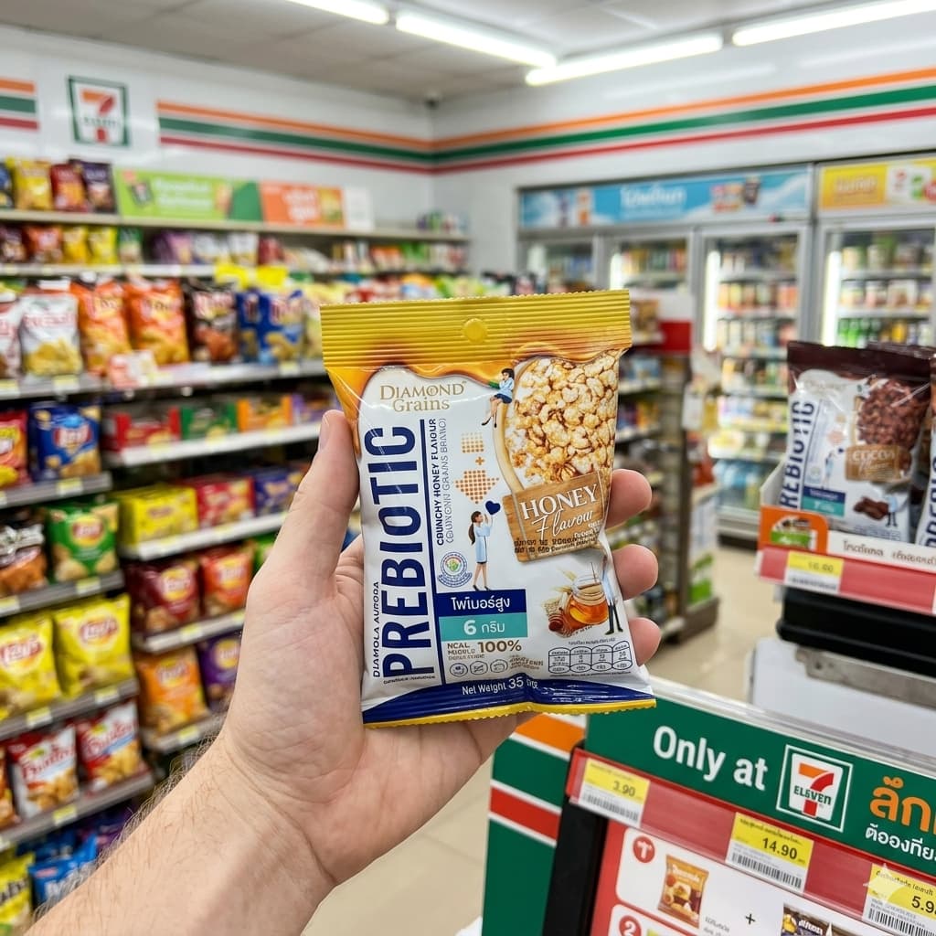 A person holding a bag of Diamond Grains Aurora Prebiotic Honey Flavour in a 7-Eleven store.