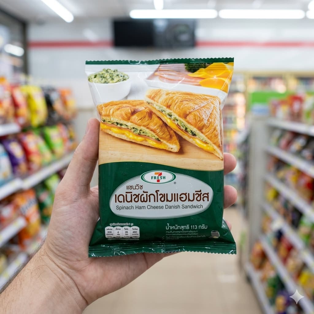 A toasted Ezygo Baked Spinach with Cheese sandwich from a 7-Eleven in Thailand.