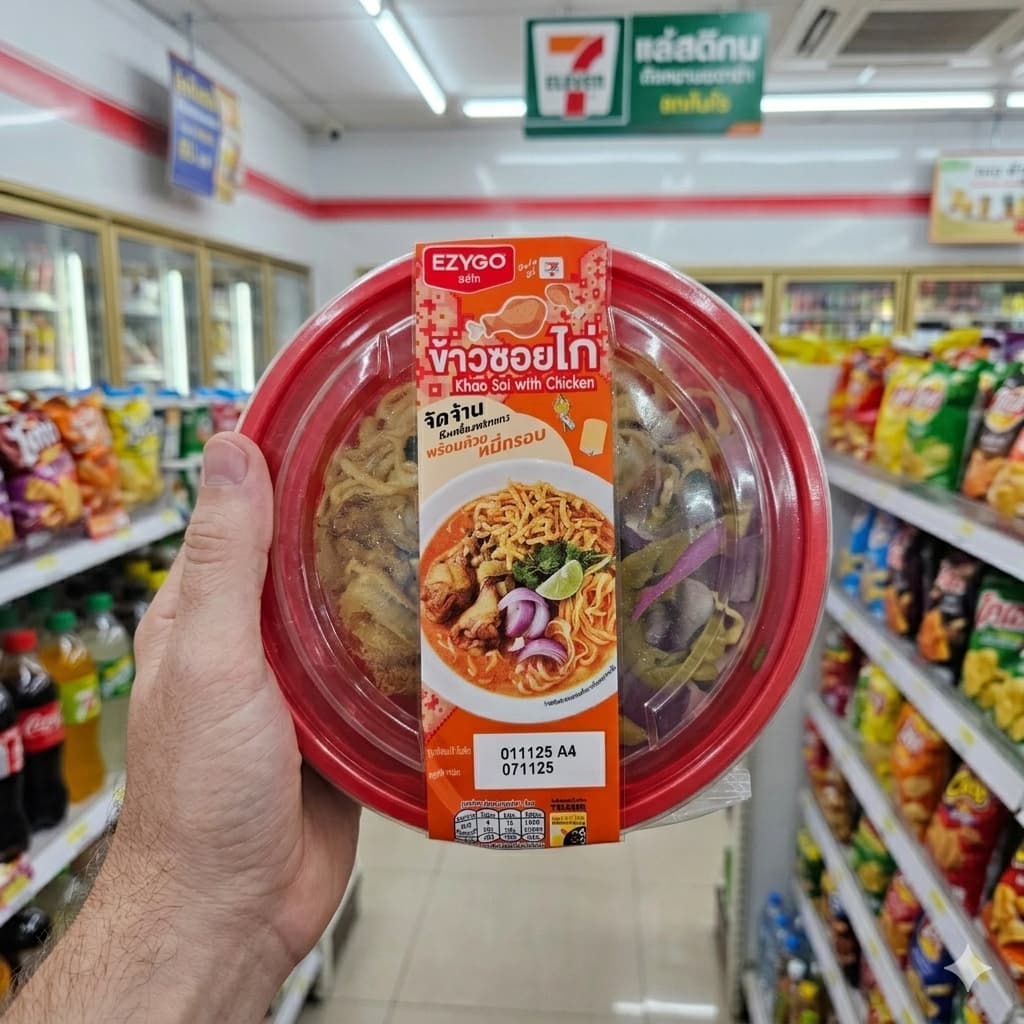 A bowl of Ezygo Chicken Khao Soi from 7-Eleven Thailand with crispy noodles on top.