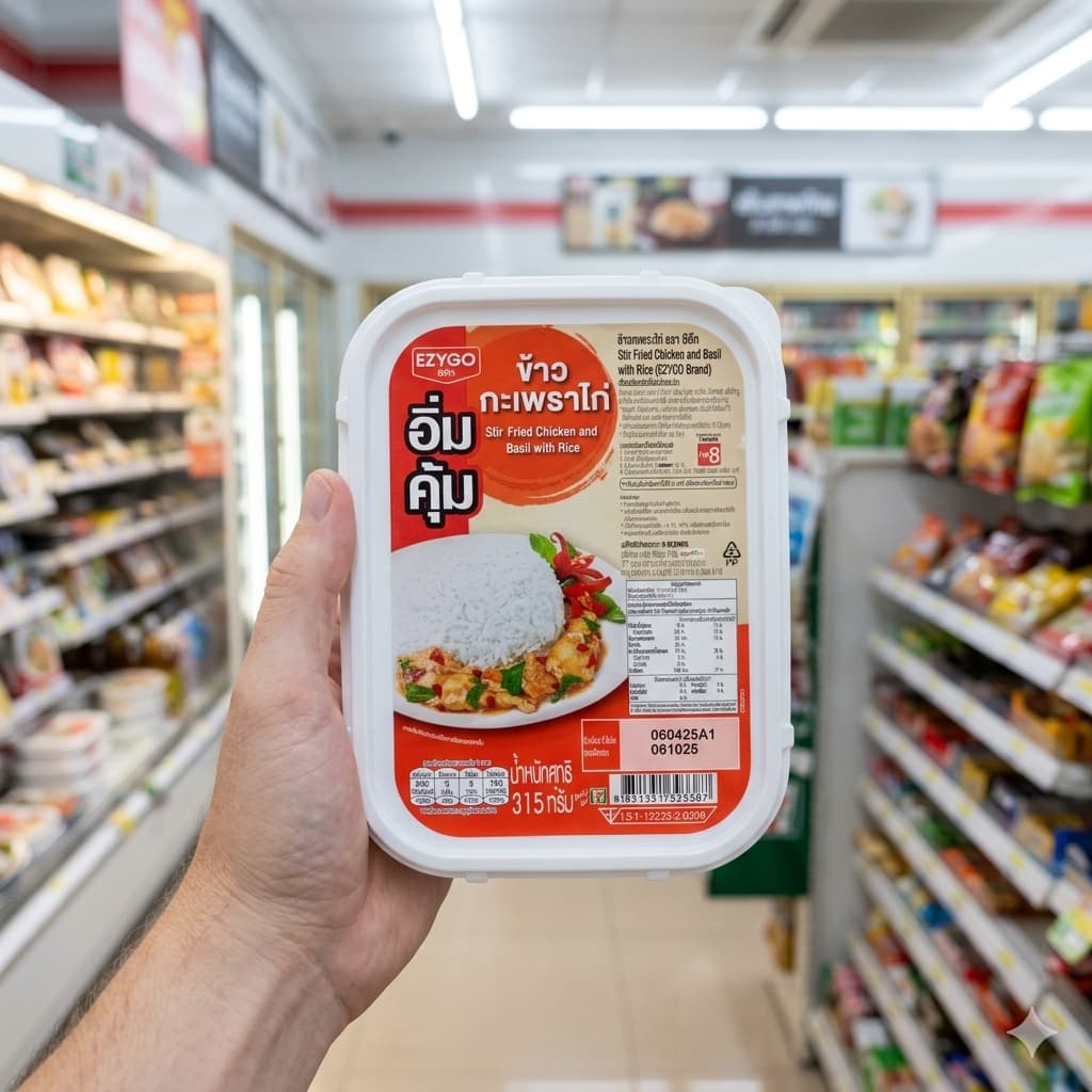 A tray of Ezygo Pad Krapow Gai (Basil Chicken with Rice) from a 7-Eleven in Thailand.