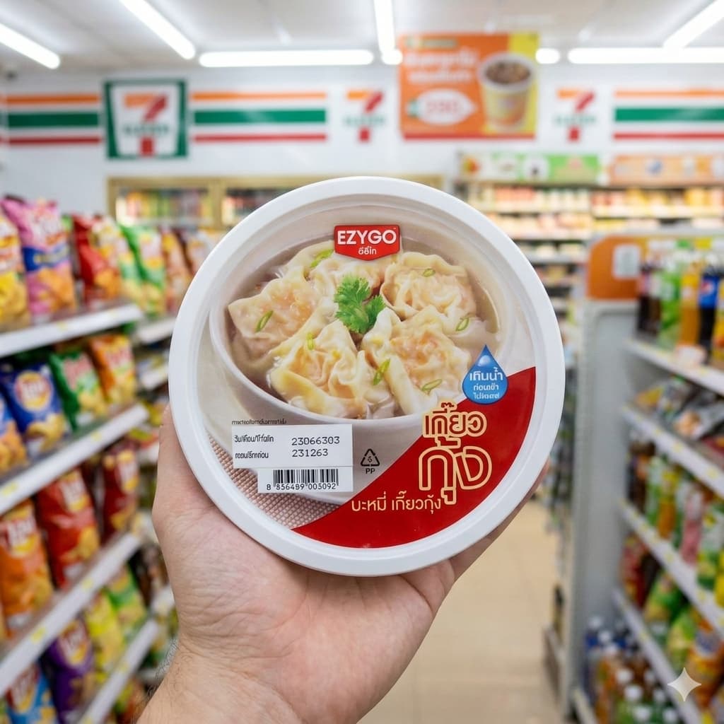 A bowl of Ezygo Shrimp Wonton with Egg Noodles soup from a 7-Eleven in Thailand.
