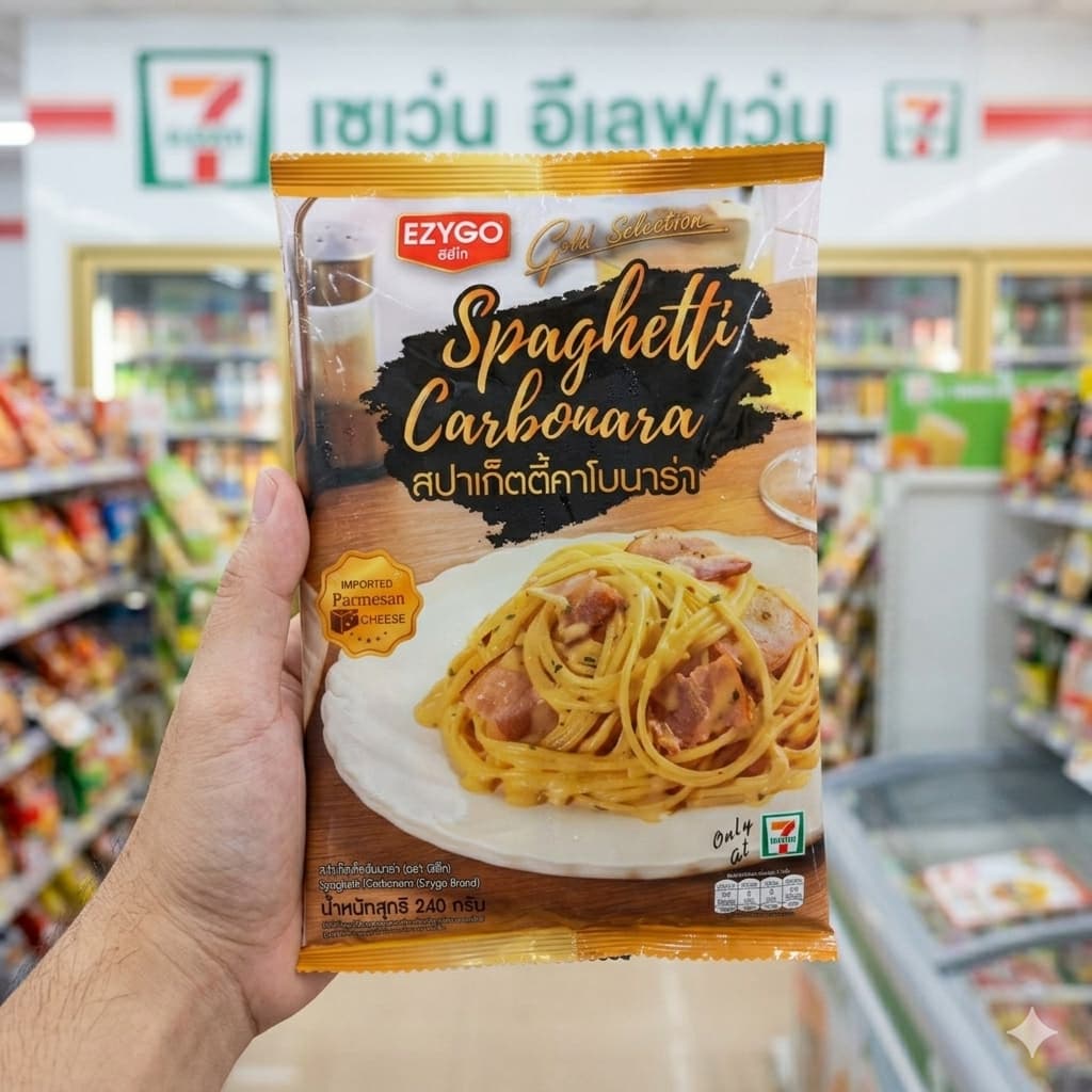 A bag of Ezygo Spaghetti Carbonara with ham and bacon from a 7-Eleven in Thailand.