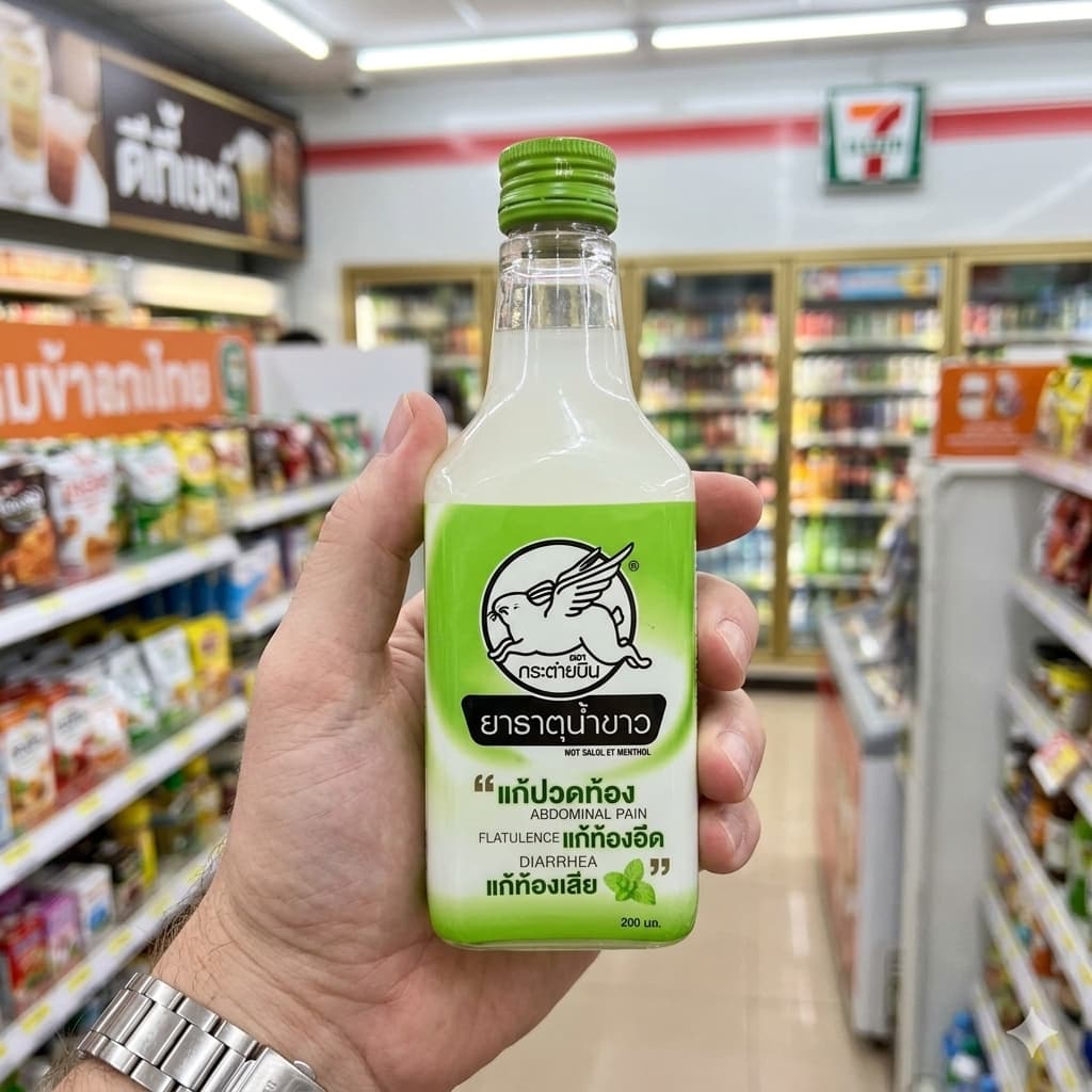 A bottle of Flying Rabbit stomach medicine from a 7-Eleven in Thailand.
