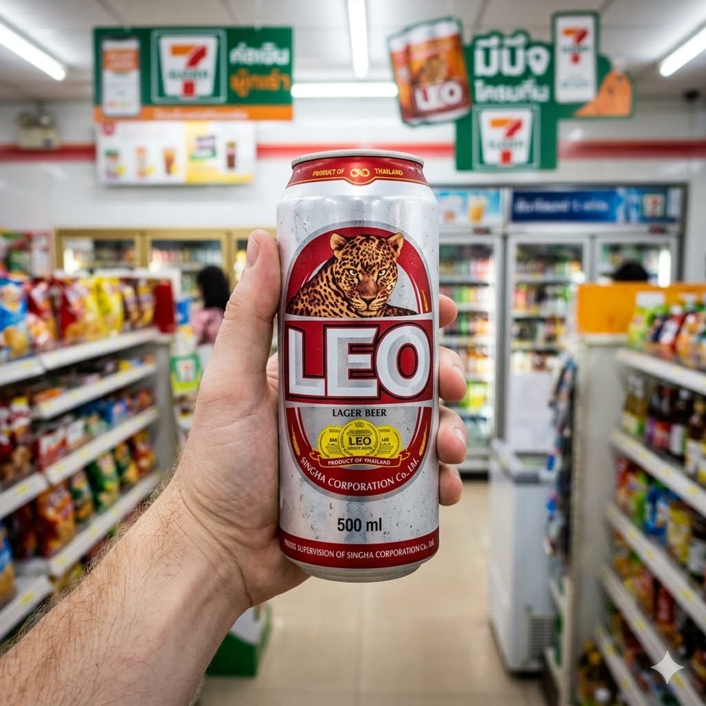 A 490ml can of Leo Beer from a 7-Eleven store in Thailand.