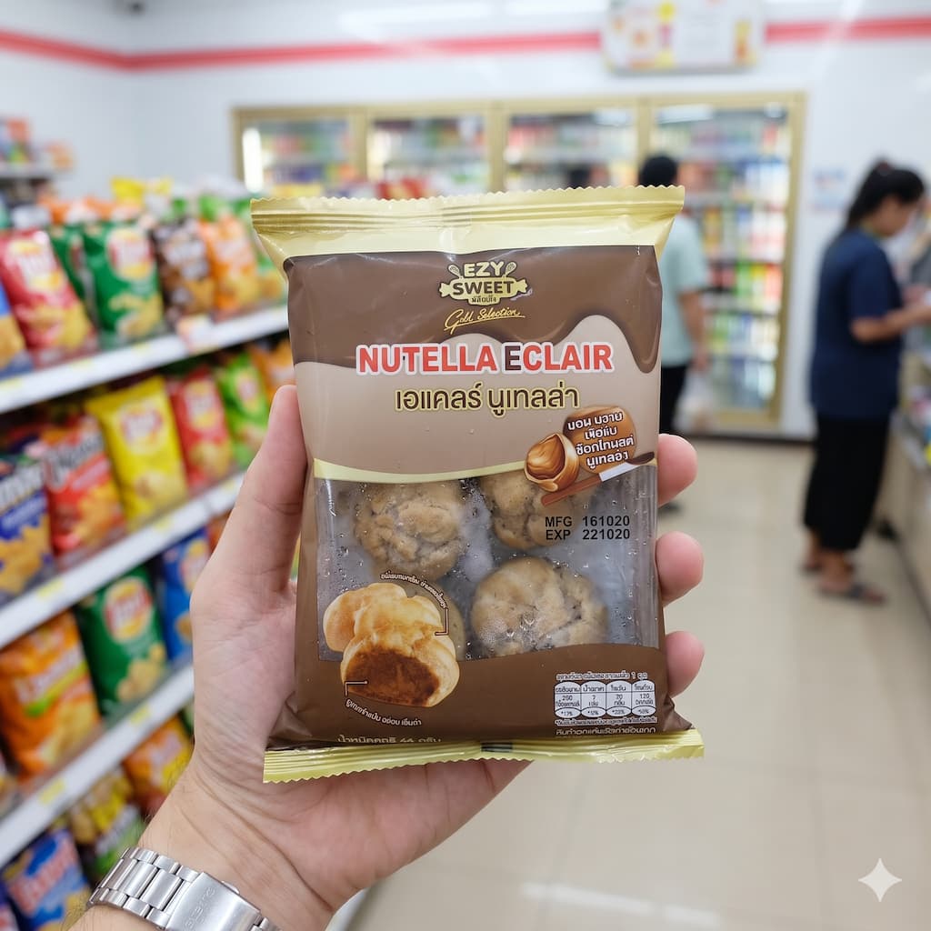 A container of Nutella Eclairs from the EzySweet brand in a 7-Eleven refrigerator.
