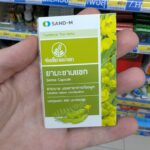 A box of SAND-M Senna Capsules from a 7-Eleven in Thailand, used for constipation relief while traveling.