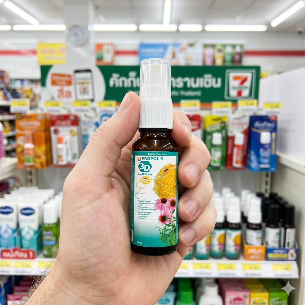 A bottle of Propoliz Mouth Spray 3D with its packaging from a 7-Eleven health section.