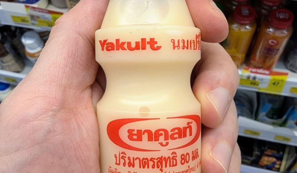 Yakult Probiotic Cultured Milk (80ml): The Iconic, Comforting Japanese Gut-Health Classic A hand holding an iconic 80ml bottle of Yakult Probiotic Cultured Milk in front of a 7-Eleven dairy display in Thailand.